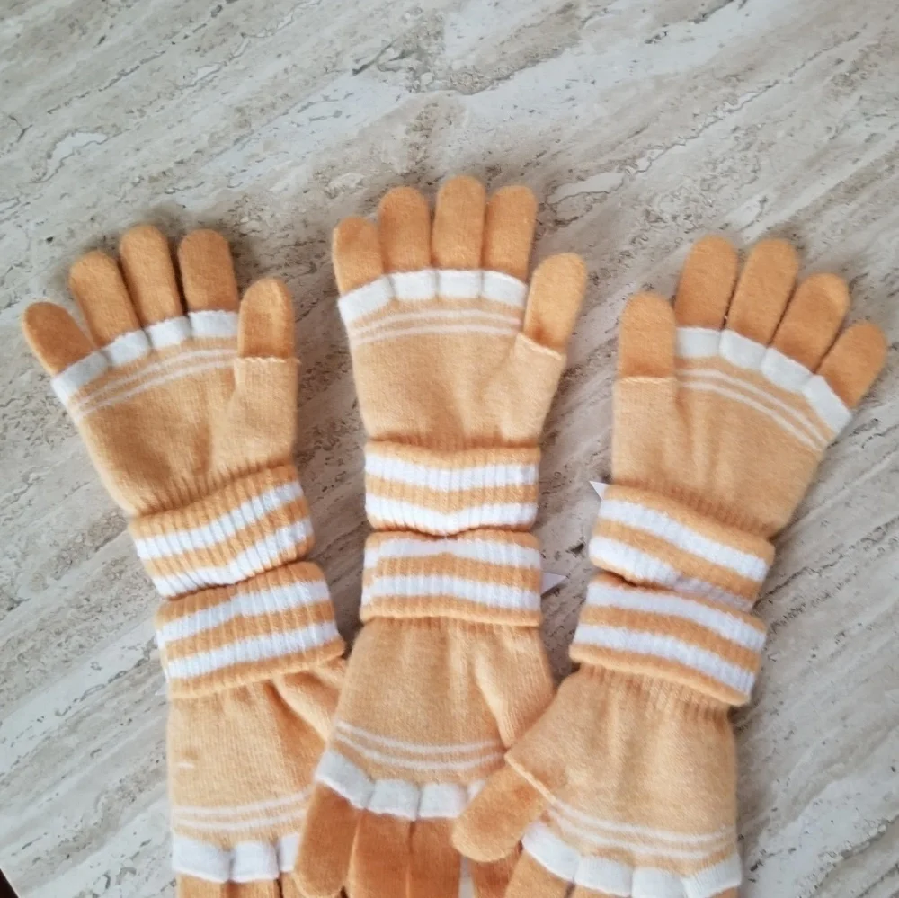 Set of 3 NEW Orange White Double Layered 2 in 1 Wool Blend Cozy Warm Gloves